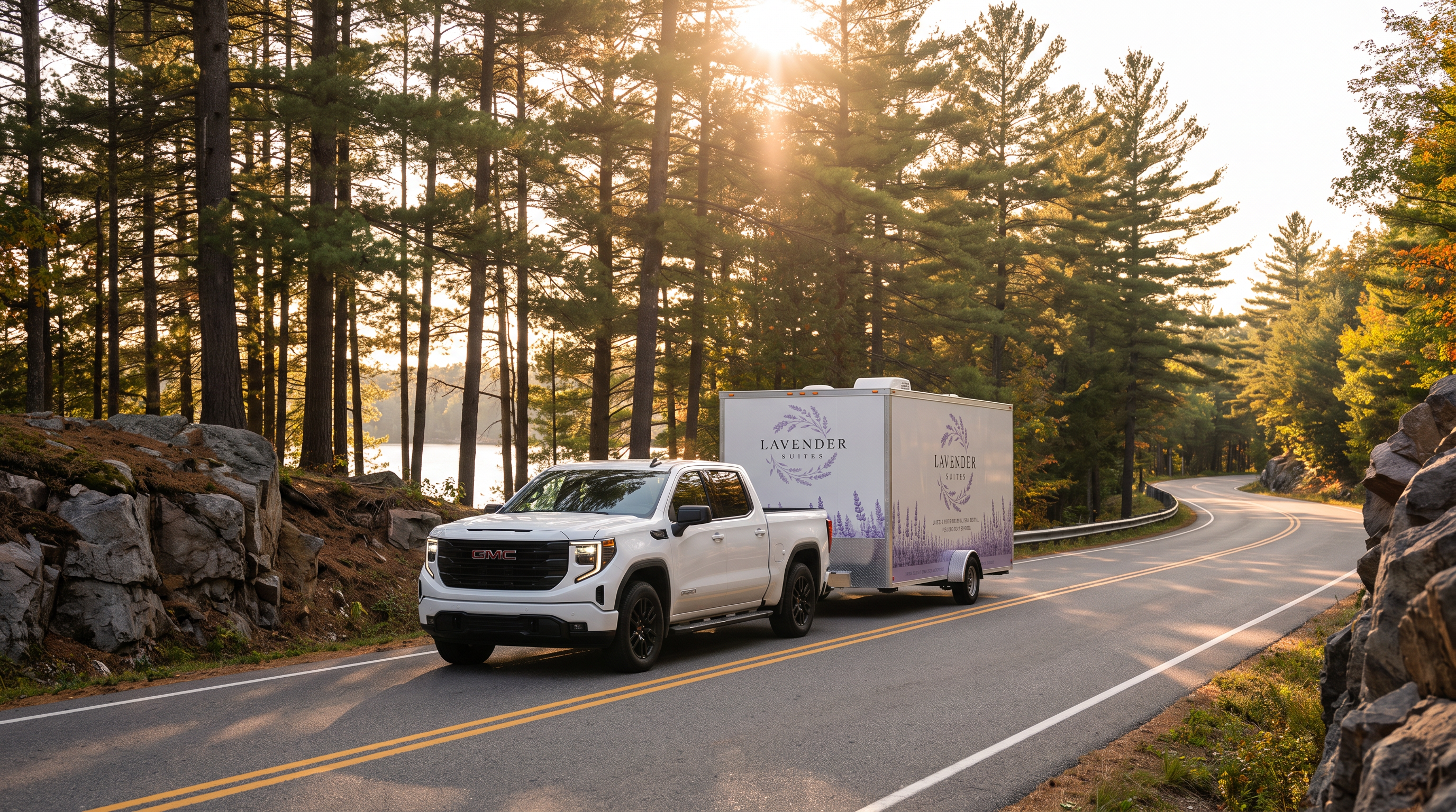 White GMC Sierra towing the Lavender Suites two-suite restroom trailer along a golden-hour Central Ontario road
